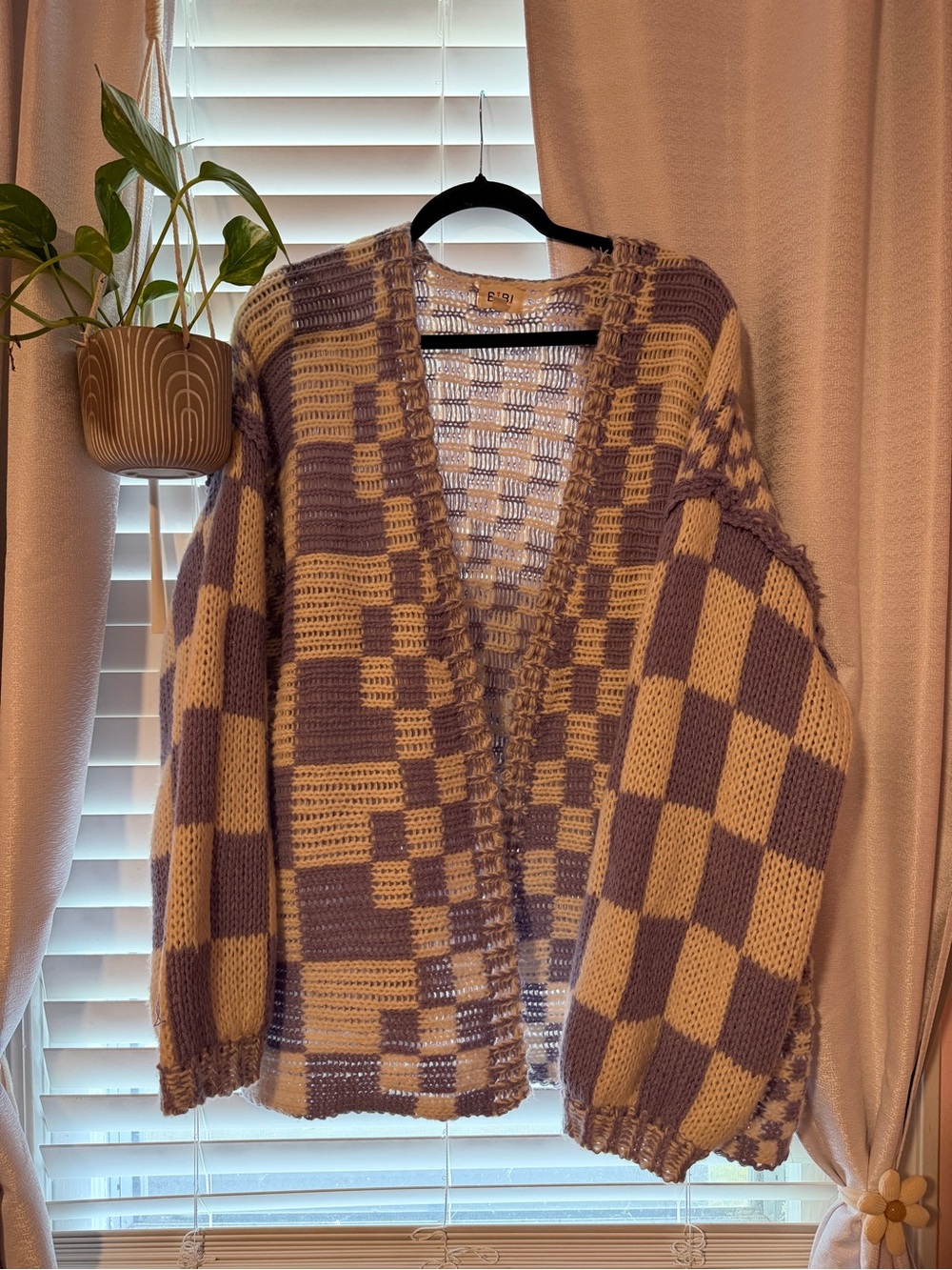BiBi Lavender & Cream Checker Open-Knit Cardigan